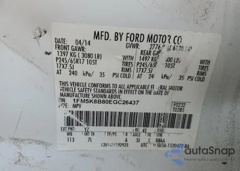 2014 Ford Explorer z USA, uszkodzony, nr VIN 1FM5K8B80EGC26437